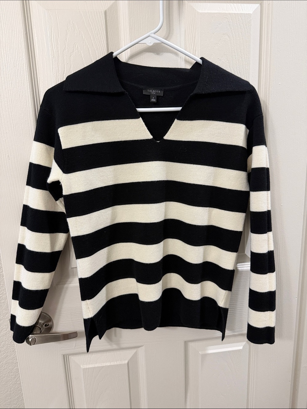 Talbots Black and White V-Neck Striped Sweater - Picture 1 of 4